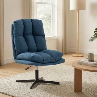 HOMCOM Butaca de Salón Giratorio 360° Altura Ajustable Asiento Ancho Tapizado en Lino Base de Metal Azul Oscuro(m-8)