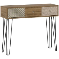 HOMCOM Mesa de Consola Mesa de Sofá con 3 Cajones con Patas de Acero Tipo Horquilla Estilo Bohemio Natural(m-1)