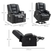 HOMCOM Poltrona relax com auxílio de elevação, USB, função de massagem, couro sintético, até 150 kg, 90x98x102 cm, Preto(m-3)