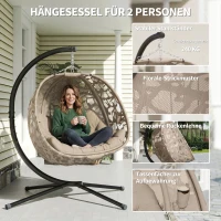 Outsunny Hängesessel, für 2 Personen, klappbarer Sitzkorb, großes Sitzkissen, Sand, 130 x 103 x 172 cm(m-4)