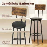 HOMCOM Industrie-Bartisch-Set mit 2 gepolsterten Hockern, Fußstützen, Metallrahmen, Küchentisch mit Ablage, Rustikal Braun(m-5)