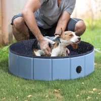 PawHut Hundebadewanne faltbar Hundepool Schwimmbecken Swimmingpool Plantschbecken Badewanne für Hunde & Katzen Wasserbecken aus Kunststoff, Holz Ø80 x H20 cm Blau(m-10)