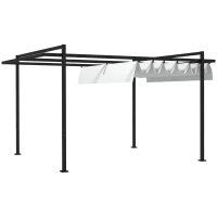 Outsunny Cenador de Jardín 3x4 m con Techo Retráctil de Poliéster y 12 Orificios de Drenaje Pérgola para Terraza Blanco y Gris(m-11)