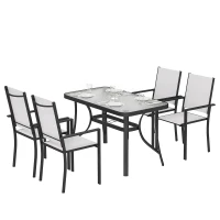 Outsunny Set da Giardino 5pz con 4 Sedie Impilabili e Tavolo in Vetro Temperato con Foro per Ombrellone, Grigio Chiaro(m-11)