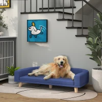 PawHut Canapé pour chien grand lit surélevé pour chien coussin lavable cadre en bois tissu polyester 98 x 67 x 25 cm bleu(m-10)