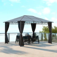 Outsunny Hardtop Gazebo Garden Pavilion w/ UV Resistant Polycarbonate Roof, Curtains, Steel & Aluminium Frame, 3 x 4(m), Grey(m-3)