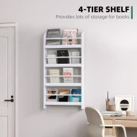 HOMCOM Bookcase, 4 Tier Wall Mounted Bookshelf, 15cm Depth Storage Shelving Rack for Bedroom Nursery Office Home, Accessories Supplies, White(m-5)