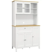 HOMCOM Küchenschrank im Landhausstil, 1 Vitrine, 1 offenes Regal, 1 Schublade, 2 Schränke, Natur + Weiß(m-1)