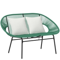 Outsunny Canapea de Grădină cu 2 Locuri din Ratan PE și Cadru din Oțel cu Perne și Brațe, 132x72x83 cm, Verde