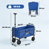 Outsunny 62L Festival Trolley on Wheels, Portable Small Folding Trolley Cart, 60kg Heavy Duty Collapsible Foldable Wagon with Adjustable Handle and Carrying Bag for Beach, Camping, Garden, Blue(m-3)