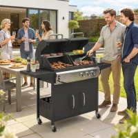 Outsunny 2+1 Burner Hybrid Dual Fuel BBQ Gas Grill, 2-in-1 Propane & Charcoal Barbecue Grill Smoker Combo with Wheels, Black(m-10)