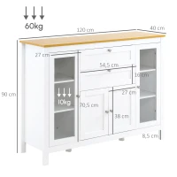 HOMCOM Buffet salon, meuble de rangement avec 1 placard double porte, 2 placards à porte vitrée, 2 tiroirs et étagère réglable, style moderne, buffet salle à manger et cuisine, 120x40x90cm, blanc(m-3)