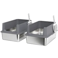 PawHut Juego de 2 Areneros Gatos de Acero Inoxidable XL Borde Alto 2 Palas para Gatos Grandes y Gatitos Múltiples Gris Oscuro(m-1)