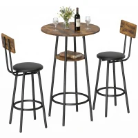 HOMCOM Industrie-Bartisch-Set mit 2 gepolsterten Hockern, Fußstützen, Metallrahmen, Küchentisch mit Ablage, Rustikal Braun(m-11)