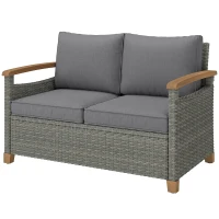 Outsunny 2 Seater Rattan Garden Sofa, Outdoor Sofa with Thickened Cushions and Acacia Wood Armrests, Dark Grey(m-15)