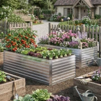 Outsunny Set aus 2 verzinkten Hochbeeten, 180 x 90 x 60 cm Metall-Hochbeete mit sicherer Kante, Silber(m-2)