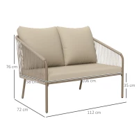 Outsunny Divano da Giardino 2 Posti Stile Boho in Rattan PE e Acciaio con Cuscini, 112x72x76, Beige(m-3)