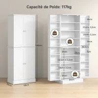 HOMCOM Armoire de cuisine buffet cuisine avec placards, étagère réglable et porte-épices, 60 x 35 x 166 cm, blanc(m-3)