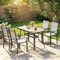Outsunny Set da Giardino 5pz con 4 Sedie Impilabili e Tavolo in Vetro Temperato con Foro per Ombrellone, Grigio Chiaro(m-10)
