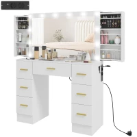 HOMCOM Schminktisch mit Spiegel und 12 LED-Lichtern, Frisiertisch mit 7 Schubladen, 6 versteckte Staufächer, Spanplatte, Weiß(m-11)