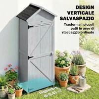 Outsunny Casetta Porta Attrezzi in Legno di Abete con 3 Ripiani e Banco da Lavoro Ribaltabile, 77x52.5x178 cm, Grigio(m-8)
