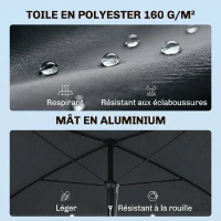 Outsunny Parasol de jardin Parasol droit rectangulaire inclinable alu métal polyester haute densité 2 x 1,3 m gris(m-4)