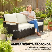Outsunny Divanetto da Esterno a 3 Posti in Rattan PE, con Braccioli Effetto Legno, Cuscini Lavabili, Marrone e Crema(m-6)
