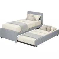 HOMCOM Lit gigogne 90 x 190 cm, cadre de lit simple/double avec sommier à lattes en bois, tête et pied rembourrés, gris clair(m-15)