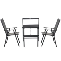 Outsunny 3 Pcs Folding Garden Furniture Set, Foldable Table and 2 Chairs Set w/ Side Shelf, Metal Frame, Indoor Outdoor Patio Balcony(m-7)
