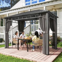 Outsunny 2 x 3.5 m Hardtop Gazebo with Galvanised Steel Roof, Waterproof Permanent Pavilion Garden Gazebo with Netting and Curtains for Patio, Deck, Dark Grey(m-2)