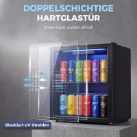 HOMCOM 50 L Getränkekühlschrank, Kühler für 48 Dosen mit Doppelglas-Tür, verstellbar Regal, LED-Beleuchtung Schwarz(m-6)