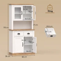 HOMCOM Bufet Înalt pentru Bucătărie, Dulap de Bucătărie, 4 Uşi dintre care 2 din Sticlă, 2 Sertare, Blat de Lucru, Rafturi Reglabile, Alb(m-3)