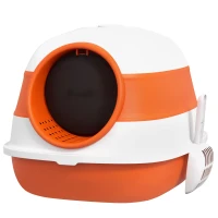 PawHut Foldable Cat Litter Tray with Lid, Deodorant, Scoop, Orange(m-1)