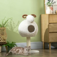 HOMCOM Kratzbaum für Katzen, Schafdesign inkl. Katzenhöhle u. Kratzstamm, waschbares Kissen, Cremeweiß + Braun(m-10)