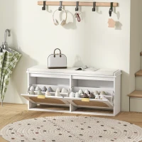 HOMCOM Boho Shoe Bench with Padded Seat and 2 Flip-Drawers - White(m-12)