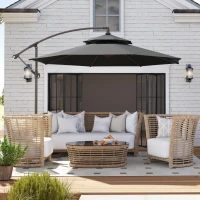 Outsunny 2.7m Garden Banana Parasol Cantilever Umbrella with Crank Handle, Double Tier Canopy and Cross Base for Outdoor, Hanging Sun Shade, Black(m-19)