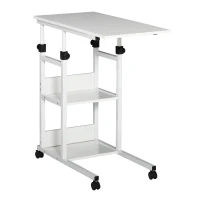 HOMCOM Mesa Auxiliar con Ruedas 80x40 cm Mesa para Sofá en Forma de C con Altura Ajustable 3 Niveles de 72-82 cm Marco de Metal para Salón Cocina Blanco(m-11)