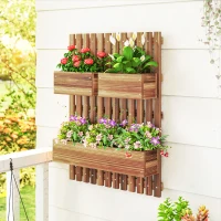 Outsunny Wall-mounted Wooden Garden Planters with Trellis, Drainage Holes and 3 Planter Boxes for Patio, Carbonised(m-2)