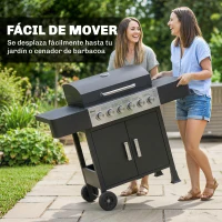 Outsunny Barbacoa de Gas con 6 Quemadores Termómetro Parrilla Mesas Laterales Armario y Ruedas 135x51x101 cm Negro(m-8)