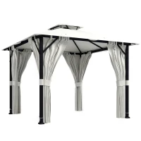 Outsunny Tonnelle de jardin extérieur 3x3m pavillon de jardin, toit double, rideaux, crochets de plafond, cadre en métal, crème(m-1)