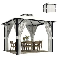 Outsunny Tonnelle de jardin extérieur 3x3m pavillon de jardin, toit double, rideaux, crochets de plafond, cadre en métal, crème(m-12)
