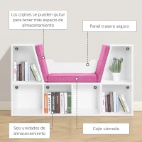 HOMCOM Librería con Asiento Estantería de Libros con 6 Cubos Cojín para Sala de Estar Dormitorio 102x30x61cm Blanco y Rosa(m-6)
