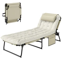 Outsunny Sonnenliege, 4-stufig verstellbare Rückenlehne, Kissen, Seitentasche, Kopfstütze, 68 x 189 x 33 cm, Beige(m-12)