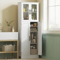 HOMCOM Meuble de salle de bain haut 6 niveaux, meuble de rangement avec 4 portes dont 2 vitrées et étagères réglables, blanc(m-2)
