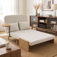 HOMCOM Sofá Cama 2 Plazas Convertible 3 en 1 Tapizado en Chenilla con Respaldo Ajustable Mesa Lateral 2 Almohadas Blanco Crema(m-15)