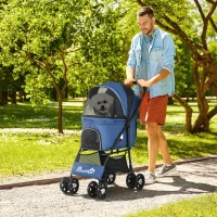 PawHut Foldable Pet Stroller for Dogs, Puppy Stroller, with Large Carriage, Brakes, Canopy - Blue(m-2)