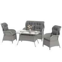 Outsunny Garden PE Rattan Dining Sofa Set, Outdoor 4 Seater Wicker Furniture, High Back Chairs with Cushions, Tempered Glass Coffee Table for Patio, Light Grey(m-10)