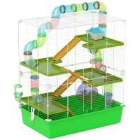 PawHut Hamster Cage w/ Water Bottle, Exercise Wheel, Tubes, Ramps - Green(m-1)