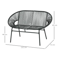 Outsunny Divano da Giardino 2 Posti in Rattan PE e Acciaio con Cuscini e Braccioli, 132x72x83 cm, Nero(m-3)