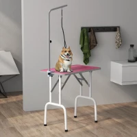 PawHut 32" Foldable Dog Grooming Table Pet Drying Beauty Table Adjustable Fixed Arm Rubber Top, Pink(m-10)